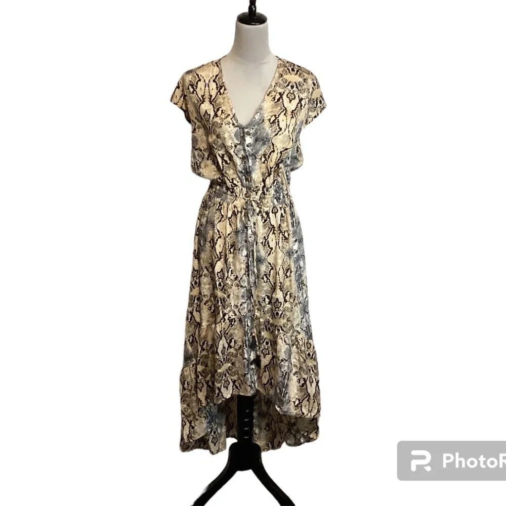 RAGA Anthropologie Dress Maxi Hi-Low Flowy NWT Ruffles Reptile Womens SZ M